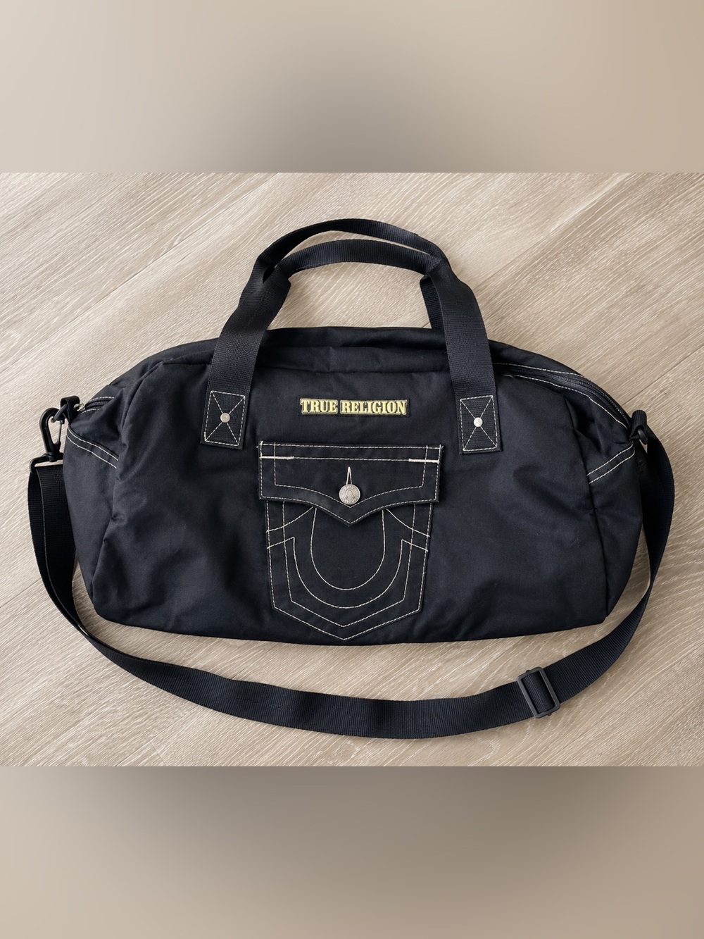 ▶️ True Religion Duffel Bag Black Canvas Travel Gym Weekender Shoulder Strap